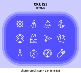 Cruise icons. Set of line icons on white background. Compass, rafting, anchor, life saver ring. Sea touring concept. Vector illustration can be used for topics like travel, vacation, tourism