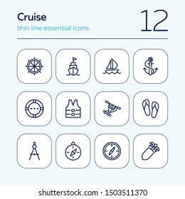 Cruise icons. Set of line icons on white background. Compass, rafting, anchor, life saver ring. Sea touring concept. Vector illustration can be used for topics like travel, vacation, tourism