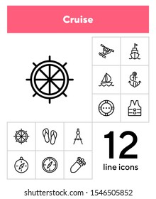 Cruise icons. Set of line icons on white background. Compass, rafting, anchor, life saver ring. Sea touring concept. Vector illustration can be used for topics like travel, vacation, tourism