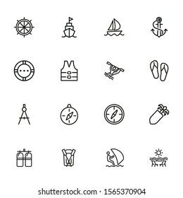 Cruise icons. Set of line icons on white background. Compass, rafting, anchor, life saver ring. Sea touring concept. Vector illustration can be used for topics like travel, vacation, tourism