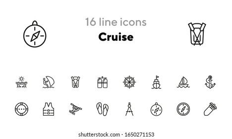 Cruise icons. Set of line icons on white background. Compass, rafting, anchor, life saver ring. Sea touring concept. Vector illustration can be used for topics like travel, vacation, tourism