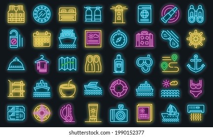Cruise icons set. Outline set of cruise vector icons neon color on black