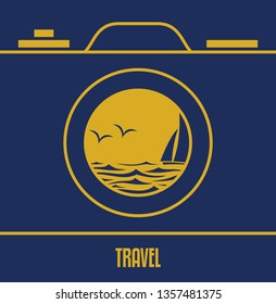 Cruise impressions.
Retro travel poster with camera, sea and sailboat. Concept of tourism photographing.