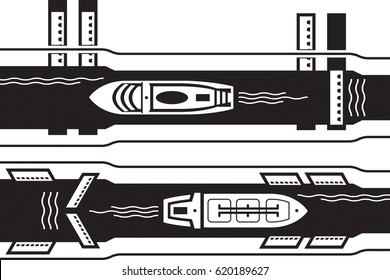 Cruise and industrial ship pass water canal - vector illustration