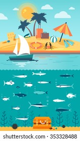 Cruise. Infographics of the underwater world. Beach, palm, sailboat, fish. Art. Icon. Image. Illustration. Vector.