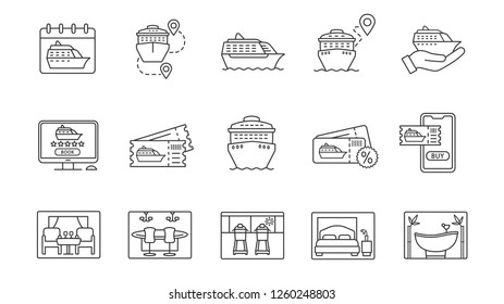 Cruise linear icons set. Services, tickets booking, ships. Summer voyage. Shore excursions, tours, travel agency. Thin line contour symbols. Isolated vector outline illustrations. Editable stroke