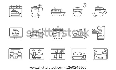 Cruise linear icons set. Services, tickets booking, ships. Summer voyage. Shore excursions, tours, travel agency. Thin line contour symbols. Isolated vector outline illustrations. Editable stroke