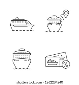 Cruise linear icons set. Summer voyage. Travel agency. Cheap cruise deal, trip route, ships in front and side views. Thin line contour symbols. Isolated vector outline illustrations. Editable stroke