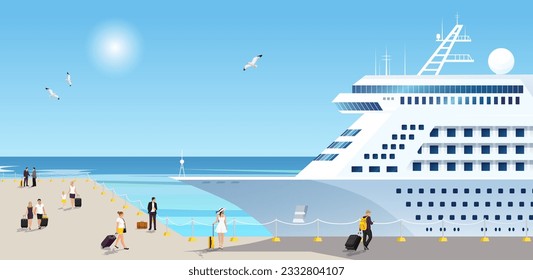 Cruise liner, beach resort, passenger, tourist, summer voyage, holiday trip, travel, vacation, tourism, blue ocean, caribbean and atlantic journey, harbor, man and woman. Vector illustration