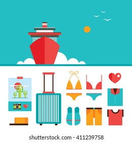 Cruise liner boat background and Summer vacation design elements set Vector illustration