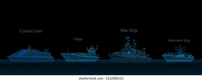 Cruise liner, Cargo, War ship and Merchant ship in low poly wireframe style. Set of isolated big ships for your mock-up vector illustration.