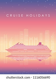 Cruise liner and cityscape at dusk with text space, vector illustration.