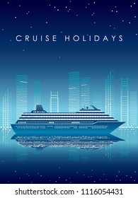 Cruise Liner And Cityscape At Night With Text Space, Vector Illustration.