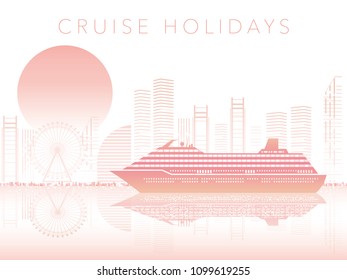 Cruise liner and cityscape with text space, vector illustration.