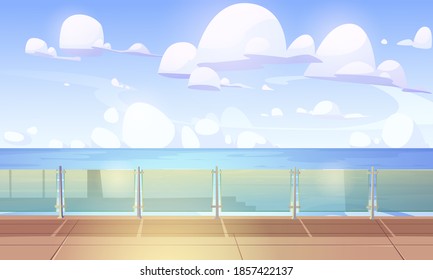 Cruise liner deck or quay with glass baluster, empty ship with wooden floor and plexiglass fencing. Modern luxury sailboat in sea or ocean. Passenger vessel at summer time, Cartoon vector illustration