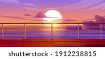 Cruise liner deck or quay on dusk seascape view, empty ship with baluster and wooden floor. Sunset scenery background on luxury sailboat in sea or ocean. Passenger vessel, Cartoon vector illustration