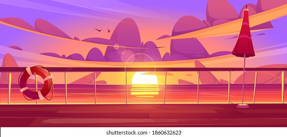 Cruise liner deck or quay on dusk seascape view, empty ship with glass baluster, lifebuoy and umbrella with wooden floor. Luxury sailboat in sea or ocean. Passenger vessel, Cartoon vector illustration