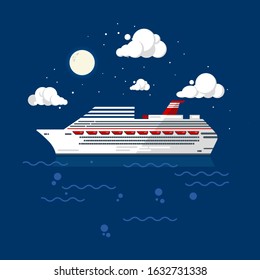 Cruise Liner Flat style vector illustration. White Big Cruise ship drifts in the ocean at night time.