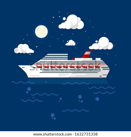 Cruise Liner Flat style vector illustration. White Big Cruise ship drifts in the ocean at night time.
