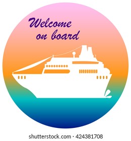 Cruise liner illustration with text place, welcome on board cruise banner, flat style cruise ship, cruise liner print, summer travel, white cruise liner icon, cruise liner vector, cruise liner sticker