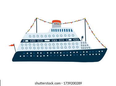 Cruise liner isolated on white background in a flat style. Children's illustration for design of children's rooms, clothing, textiles.Vector