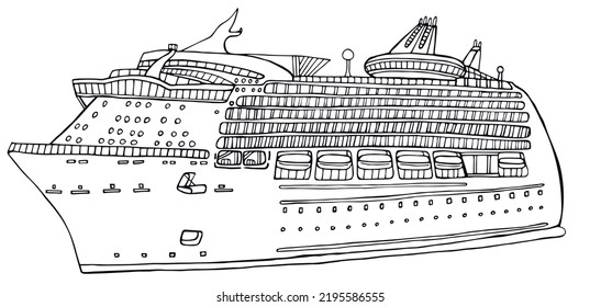 Cruise liner isolated on white background hand drawn illustration. Converting hand drawn ink sketch into vector 