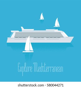 Cruise liner in Mediterranean vector illustration. Luxury cruise travel design element, clipart. Modern ship