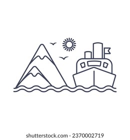 Cruise liner near the island linear icon, Sea trip on the ship, Mountains on the island. Vector linear illustration of isolates.