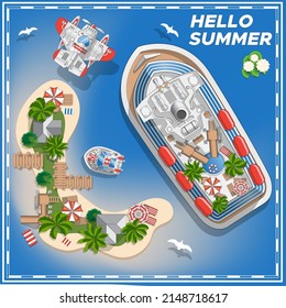 Cruise liner near the tropical island. View from above. Vector illustration. 