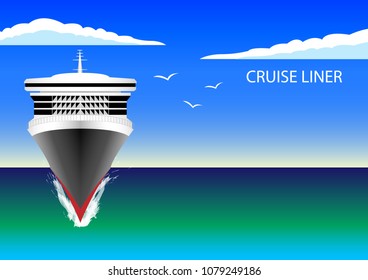 Cruise Liner in the ocean, Blue sky, white clouds, seagulls. Flat design. Vector Ilustration