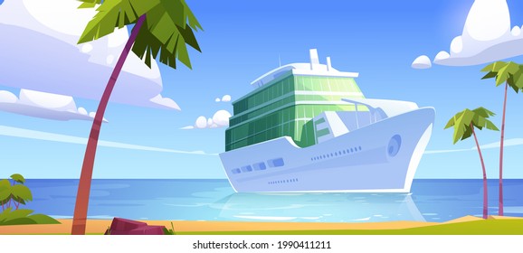 Cruise liner in ocean, modern white ship, luxury sailboat moored in sea harbor tropical island with palm trees and sandy beach. Passenger vessel on water surface at summer, Cartoon vector illustration