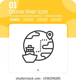 Cruise liner with ocean tour line icon with outline style isolated on white background. Vector illustration simple element thin line sign symbol icon design template for web, ui, ux, travel, business