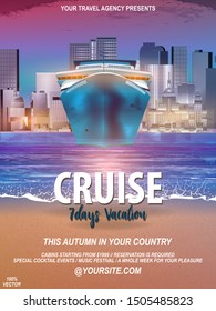 A cruise liner off the coast of the sea on city background. Vector Eps 10. Illustration of vacation and cruise.