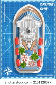 Cruise liner on a blue background. View from above. Isolated on white background. Vector illustration.