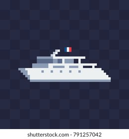 Cruise liner. Pixel art icon. Maritime sea ship. Logo for travel agency. Sticker design. 8-bit sprite. Isolated vector illustration.