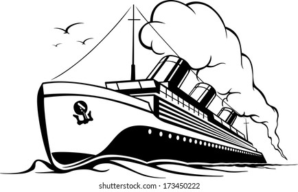 cruise liner in retro style steamer with smoke in the sea voyage, vector illustration