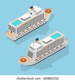 Cruise Liner Set Isometric View Luxury Boat for Nautical Travel. Vector illustration