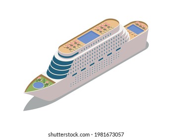 Cruise liner with swimming pools and lounge zone isometric icon vector illustration