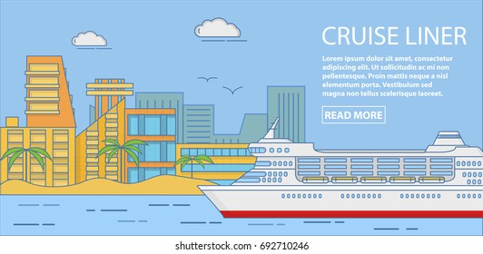 Cruise liner vector horizontal banner. Travel poster with large passenger cruise liner and place for text. Flat linear style design.
