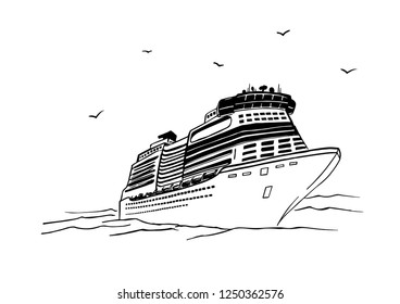 Cruise liner vector illustration. Hand drawn graphic. Black and white sketch ship in ocean isolated on white background.