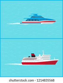 Cruise liner and yacht leave traces on water sailing in deep ocean vector. Transportation marine vehicle leaves foam in sea, traveling steamboat icons