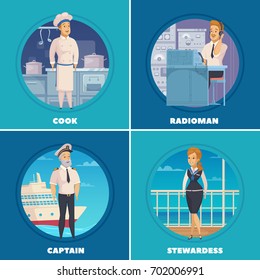 Cruise Liner Yacht Ship Crew Characters 4 Cartoon Icons Square With Captain Cook Radioman Isolated Vector Illustration 