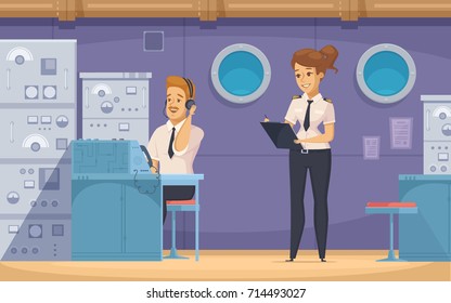 Cruise liner yacht ship crew members at work with   technical officer and chief mate cartoon banner vector illustration 