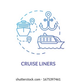 Icono de concepto azul de los crucero. Turismo marítimo con buque de pasajeros. Viaje de lujo con barco. Ilustración delgada de la idea del viaje en barco. Dibujo de color RGB con contorno aislado del vector