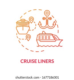 Cruise liners red concept icon. Marine tourism with passenger ship. Luxury trip with water vessel. Boat voyage idea thin line illustration. Vector isolated outline RGB color drawing