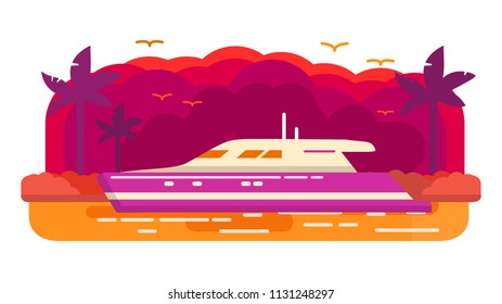 Cruise luxury yacht ship .Summer marine travel.Tropical island of a palm tree. Sea voyage.Flat vector. Banner concept.Landscape sunset.