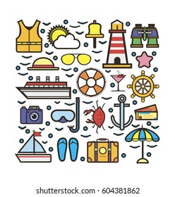 Cruise marine sketch for holiday colorful vector set. Collection of water means of transportation, summer clothes, travel accessories, tourist goods, life-saving equipment labels isolated on white