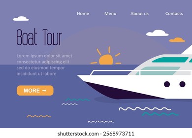 Cruise, modern yacht in ocean. Boat tour, landing page. View of the ocean. Boat or private yacht ride on the ocean or sea. Banner template, marketing campaign, advertising. flat vector illustration