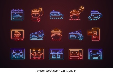Cruise neon light icons set. Services, tickets booking and buying, ships, destinations. Summer voyage. Shore excursions, tours and travel agency. Glowing signs. Vector isolated illustrations