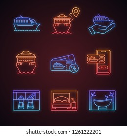 Cruise neon light icons set. Summer voyage. Cruise service, ships, trip route, bedroom, treadmills, spa salon, cheap deal. Glowing signs. Vector isolated illustrations